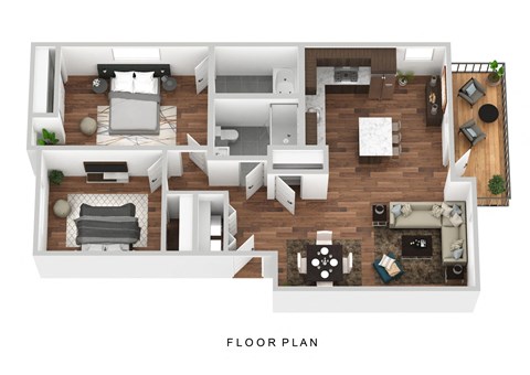 Floor plan for 2 beds, 2 baths, 1005 sqft